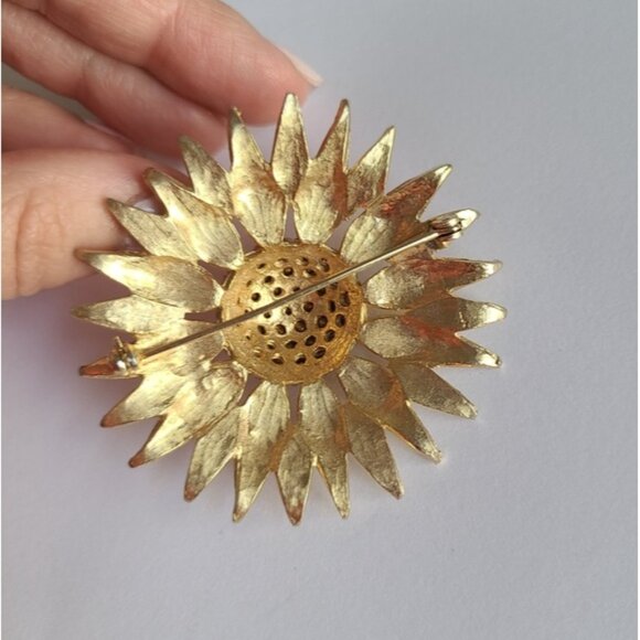 Vintage 50s Gold Tone Large Round Chunky Sun Flower Statement Brooch - Picture 5 of 10